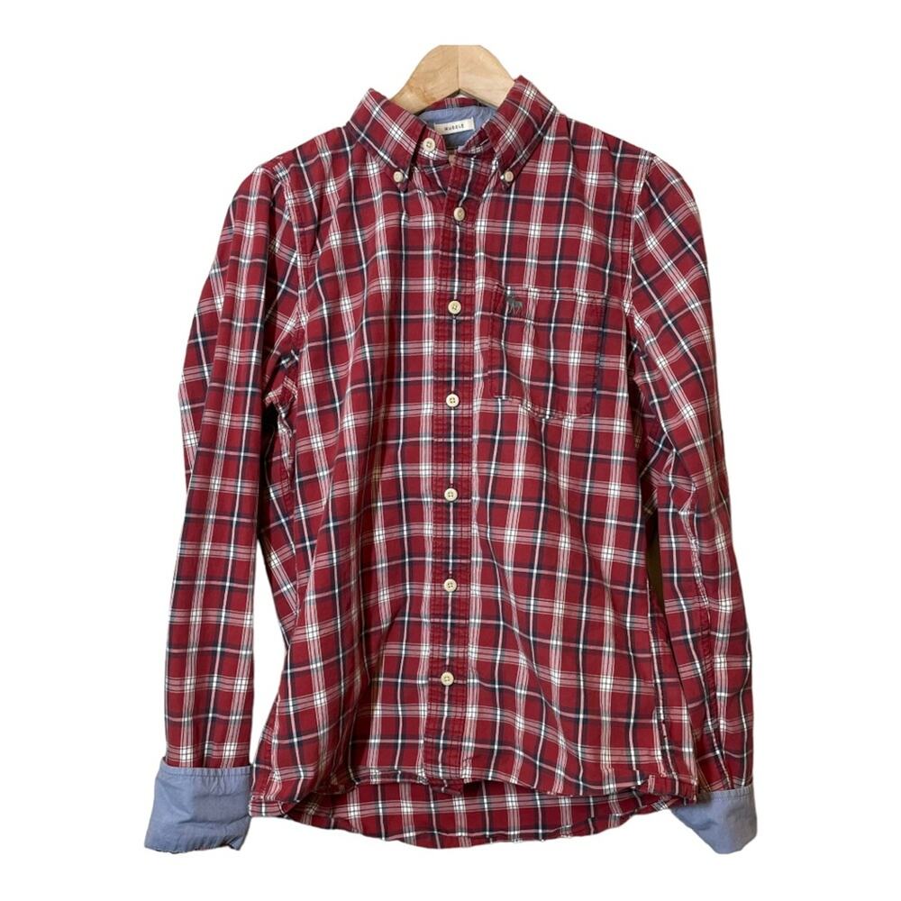 Abercrombie & Fitch Red Plaid Shirt Button Front Long Sleeve Muscle Medium Mens